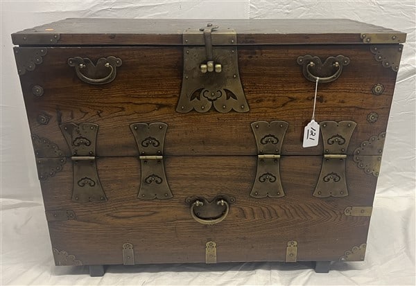 Vintage Oriental Brass Clad Storage Box 36"w x 28h (1 of 3)