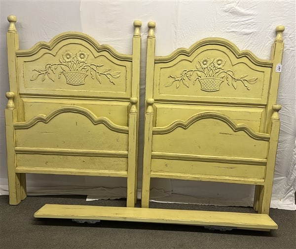Pr. of Country Twin Beds in Yellow Paint 44"w x 63"h: Pr. of Country Twin Beds in Yellow Paint 44"w x 63"h