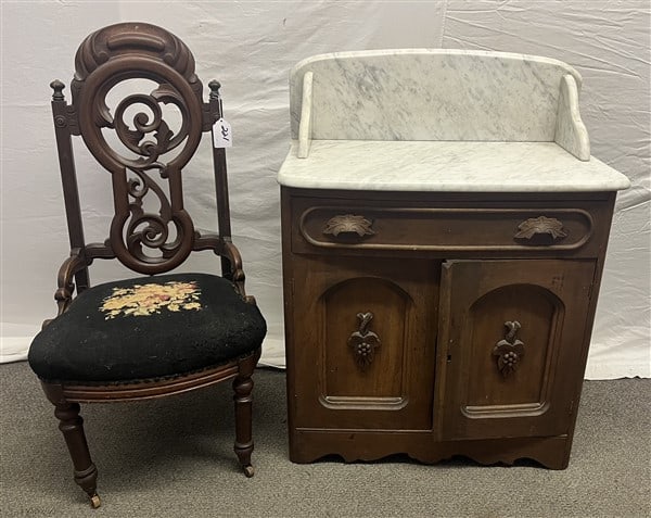 2 Pc. Victorian Lot, Marble Top Commode & Walnut Side Chair (1 of 2)