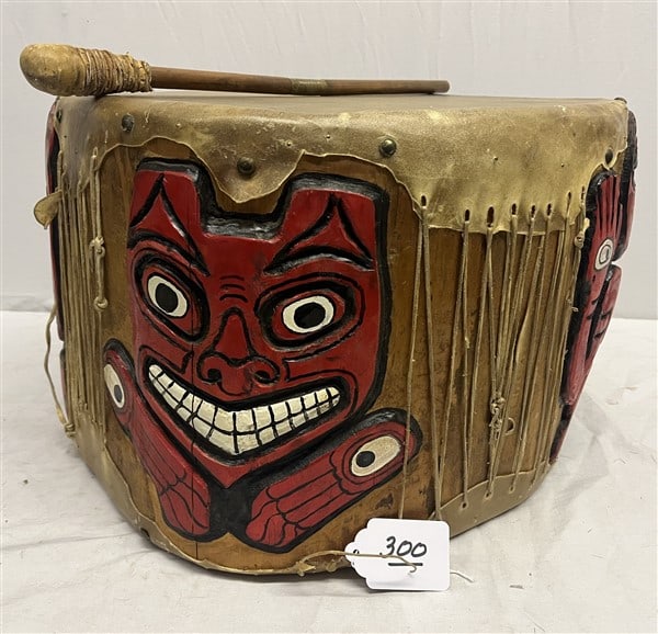 Carved Wooden and Painted 18" Drum: Carved Wooden and Painted 18" Drum