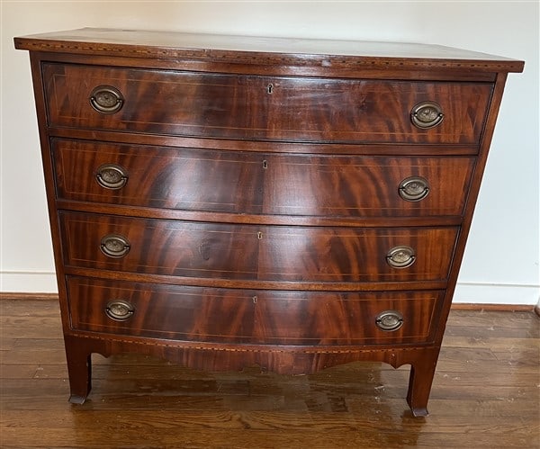 Semi-Antique 4 Drawer Bow Front Mahogany Chest: Semi-Antique 4 Drawer Bow Front Mahogany Chest 38" wide, 20" deep and 36" high