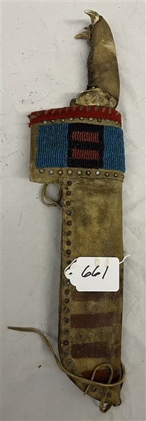 Crow Beaded Sheath/ Knife w Bear Jaw Handle: Crow Beaded Sheath/ Knife w Bear Jaw Handle