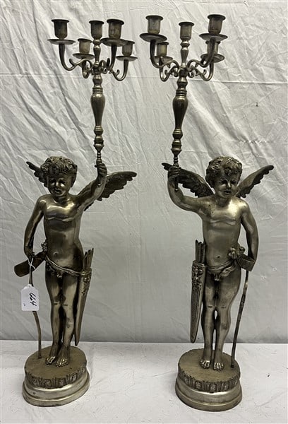 Silvered Metal 34" 5 Light Candelabras: Silvered Metal 34" 5 Light Candelabras