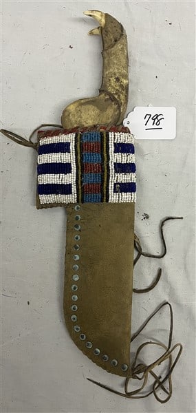 Knife w Animal Jaw Handle and Beaded Sheath: Knife w Animal Jaw Handle and Beaded Sheath