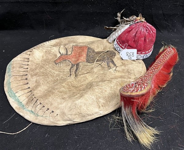 Iroquois Hat, Hide Drum Cover and Ceremonial Items: Iroquois Hat, Hide Drum Cover and Ceremonial Items