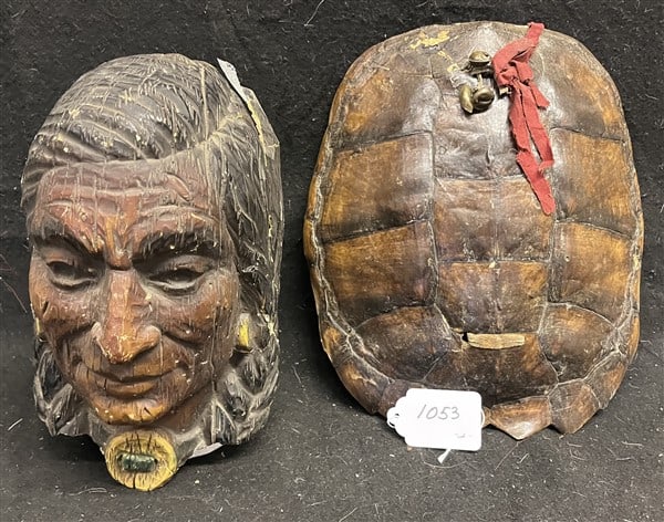 Turtle Drum and Carved Bark Mask: Turtle Drum and Carved Bark Mask - shell is 14" and bust is 11"