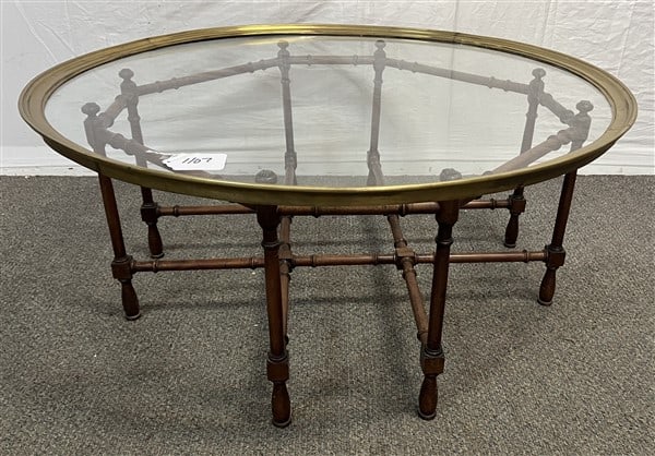 Bamboo Low Table w Brass/Glass Top 38" Diam, 16" High: Bamboo Low Table w Brass/Glass Top 38" Diam, 16" High