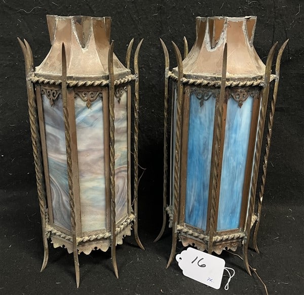 Pr of 15" Antique Slag Panel Lanterns: Pr of 15" Antique Slag Panel Lanterns