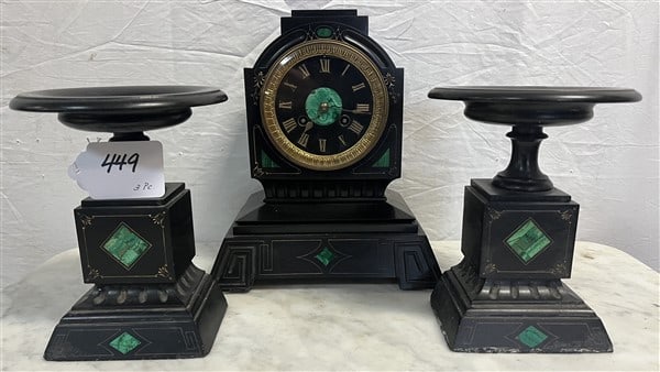 3 Pc Gilt Incised Marble Clock Set (1 of 2)