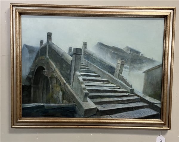 Framed O/C " The Bridge " Yang Ming Yi 26 x 34 (1 of 3)