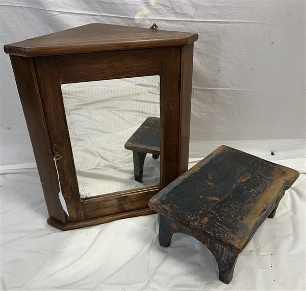 Small Pine Corner Cabinet and Early Footstool (1 of 2)