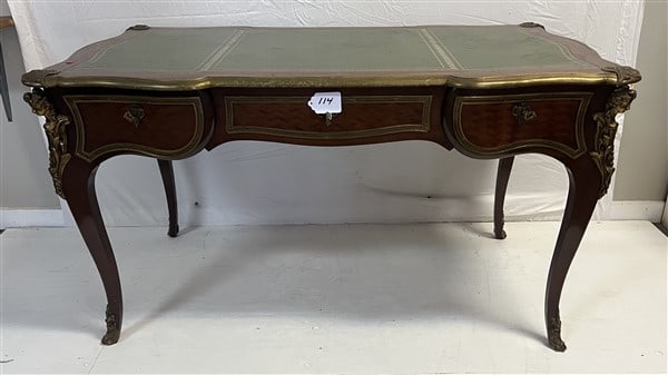 Ormolu Mounted Tooled Leather French Bureau Plat: Ormolu Mounted Tooled Leather French Bureau Plat - top is 29 x 52 and is 29 1/2" high,