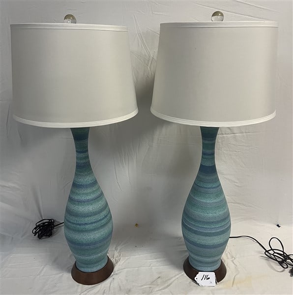Pair of Bitossi Table Lamps ca 1950s - Aldo Londi: Pair of Bistossi Table Lamps va 1959s - Aldo Londi - ceramic, wood - 35 1/2" tall to the top of the glass finial