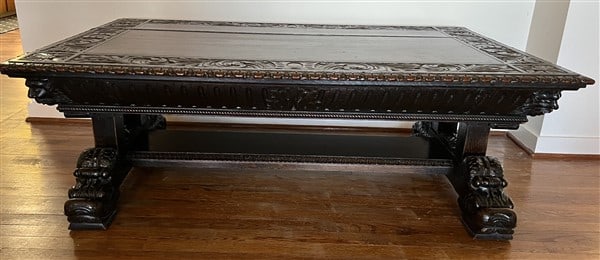 Heavily Carved Oak Low Table - Attr. R.J Horner: Heavily Carved Oak Low Table - Attr. R.J Horner - 58" x 36" x 20"h