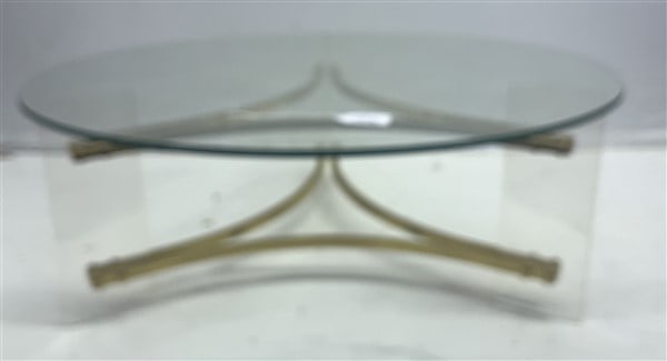 Stylish Brass, Glass and Lucite Table 42" Diam, 16" high: Stylish Brass, Glass and Lucite Table 42" Diam, 16" high