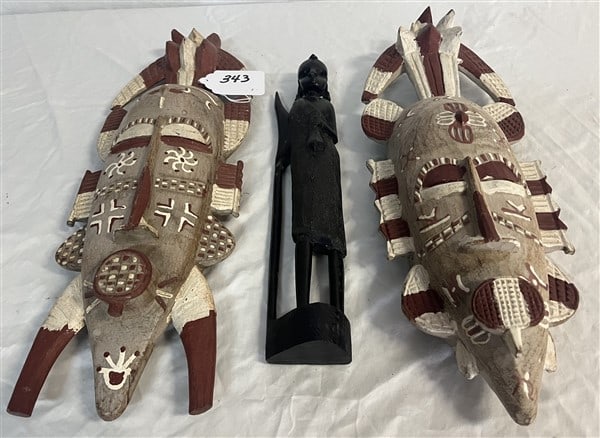 2 Carved African Masks, 1 Ebonized Sculpture: 2 Carved African Masks, 1 Ebonized Sculpture