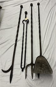 4 Large 19th Cent. Hand Forged Fireplace Tools