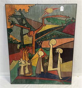 Whimsical Painting on Board, Signed 1970 41" x 50"