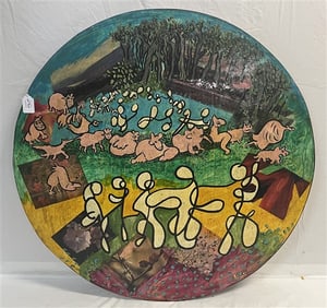 Whimsical Painting on Board, Signed 48" diameter