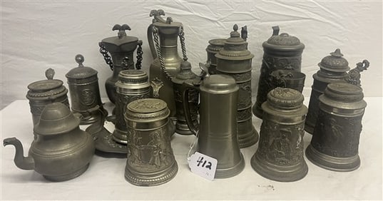 16 Pewter Steins, Mugs & Vessels