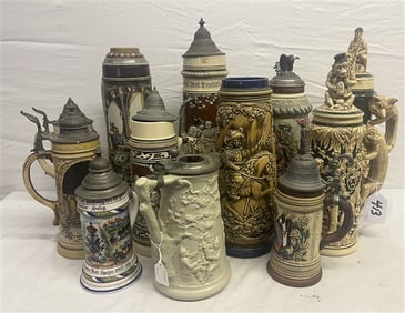12 Large Ceramic and Porcelain Steins