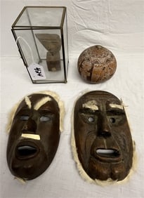 2 Early Masks, signed Gourd, Small Sculpture