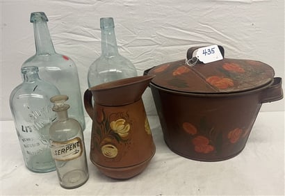 4 Glass Bottles and 2 Tole Kitchen Items