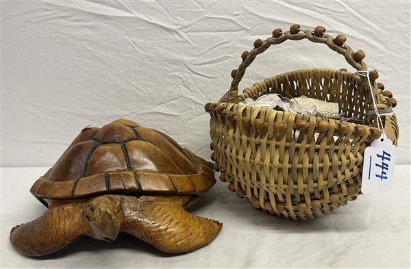 Carved Wooden Tortoise and Baskets of Shells: Carved Wooden Tortoise and Baskets of Shells