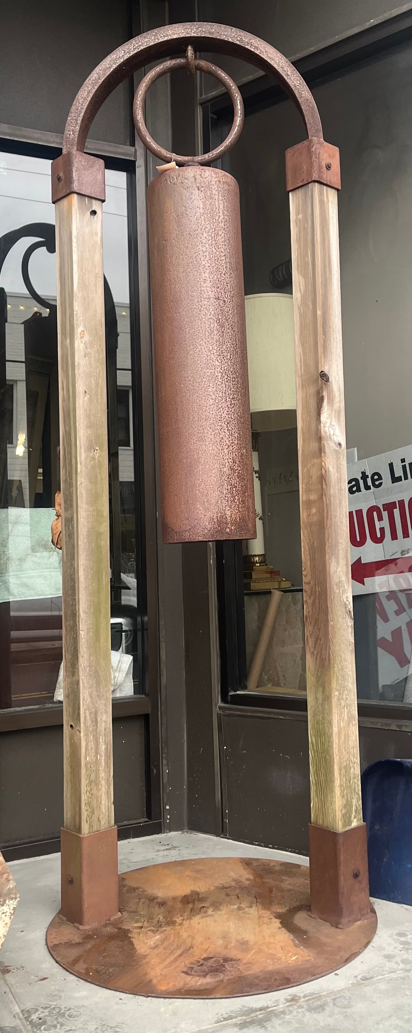 Large Iron Cylindrical Bell on Stand 86" tall x 27" wide: Large Iron Cylindrical Bell on Stand 86" tall x 27" wide