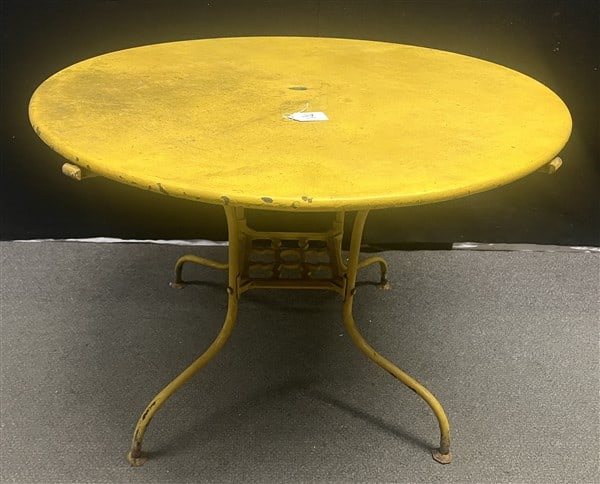 ca 1950s Metal Table in Orig Yellow Paint 42" diam-29" high: ca 1950s Metal Table in Orig Yellow Paint 42" diam-29" high