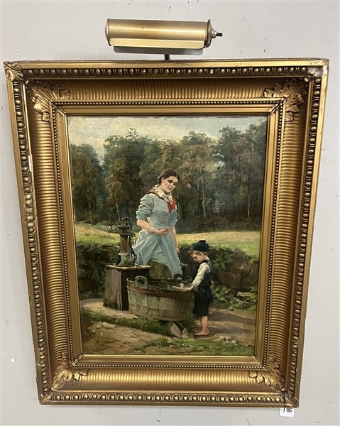 19th Cent Oil on Canvas Mother and Child 26 x 32 (1 of 3)