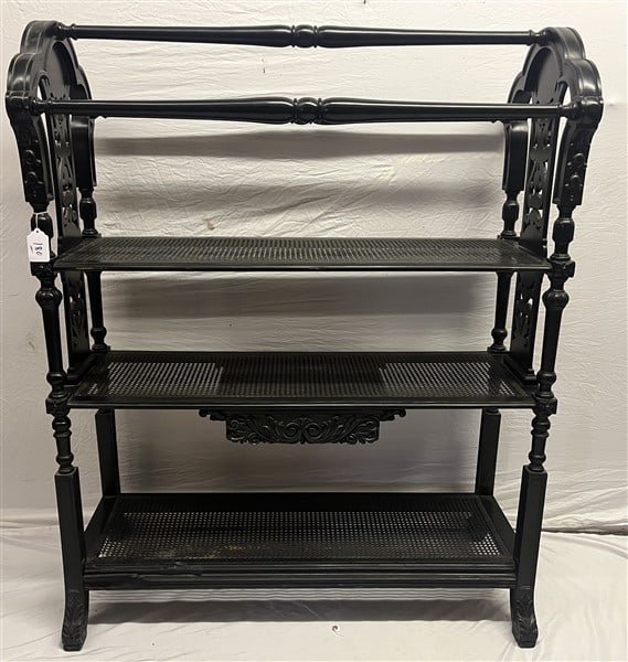 3 Tier Ebonized and Carved Edwardian Shelf: 3 Tier Ebonized and Carved Edwardian Shelf