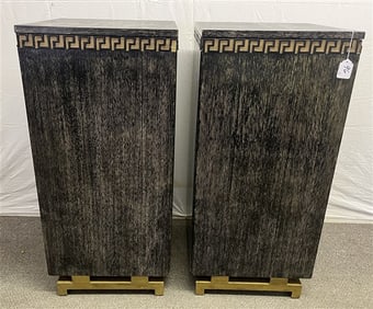 Exceptional Pr. of Modern 1 Door Cabinets with fitted interiors in the manner of James Mont 18" x