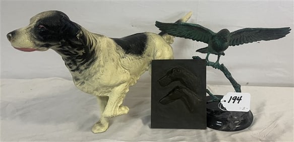 Cast Iron Doorstop, Bronze Bird, and Bronze Plaque