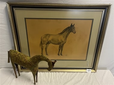 Framed Drawing and Metal Effigy Horse David Case 1941 - 25" x 31"