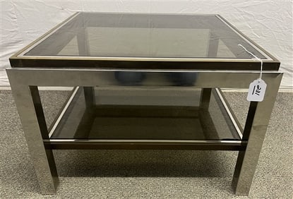 Willy Rizzo Designer Chrome, Brass, and Glass Table 23" squared x 15"h