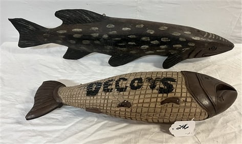 2 Carved Wooden Fish Decoys - larger one 24"