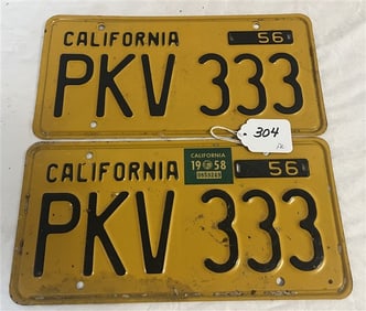 2 Vintage 1956 California License Plates