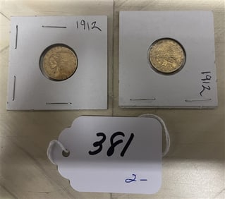 Two 1912 - 2 1/2 Dollar U.S. Gold coins