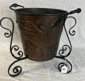 15.5" Art Nouveau Copper Bucket in Iron Stand