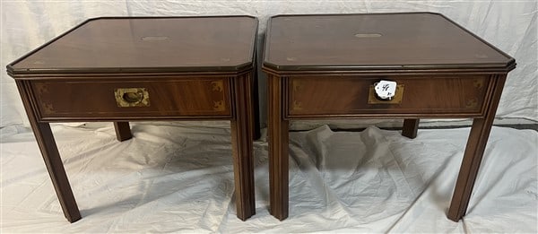 Pr. of Brass Inlay One Drawer Stands 20" squared: Pr. of Brass Inlay One Drawer Stands 20" squared