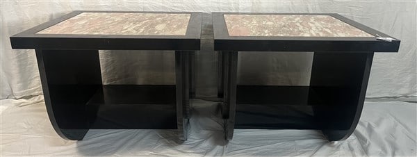 Pr. of 1970s Deco Style Marble Inset Tables 24" squared x 20"h: Pr. of 1970s Deco Style Marble Inset Tables 24" squared x 20"h