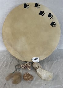 Native American 18" Drum and Stone Objects