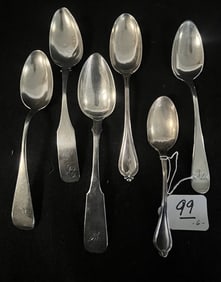 6 Coin and Sterling Serving spoons - Approx 9 Troy