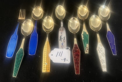 9 Sterling and Enamel Danish Spoons Michelsen Herod