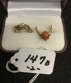 2 Gold Rings - 14k with Carnelian and 14k with Pearl