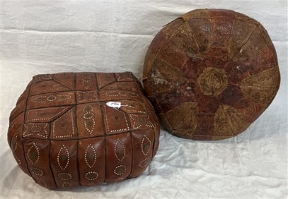2 Vintage Leather Hassocks - As Found