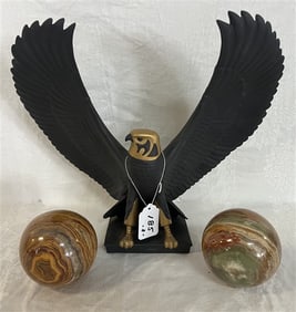 Two 3.5" Agate Spheres and Terra- Cotta Falcon