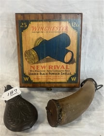 Winchester Box and 2 Powder Horns