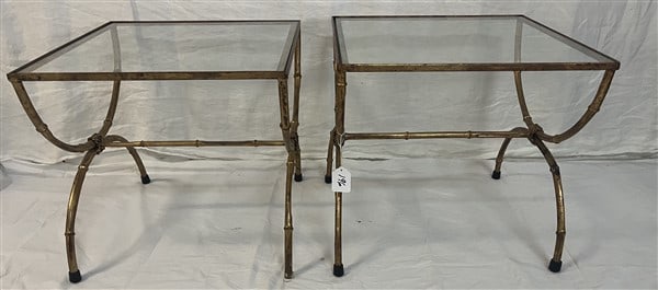Pr. of Gild Metal Glass Top Tables 18" squared x 15"h